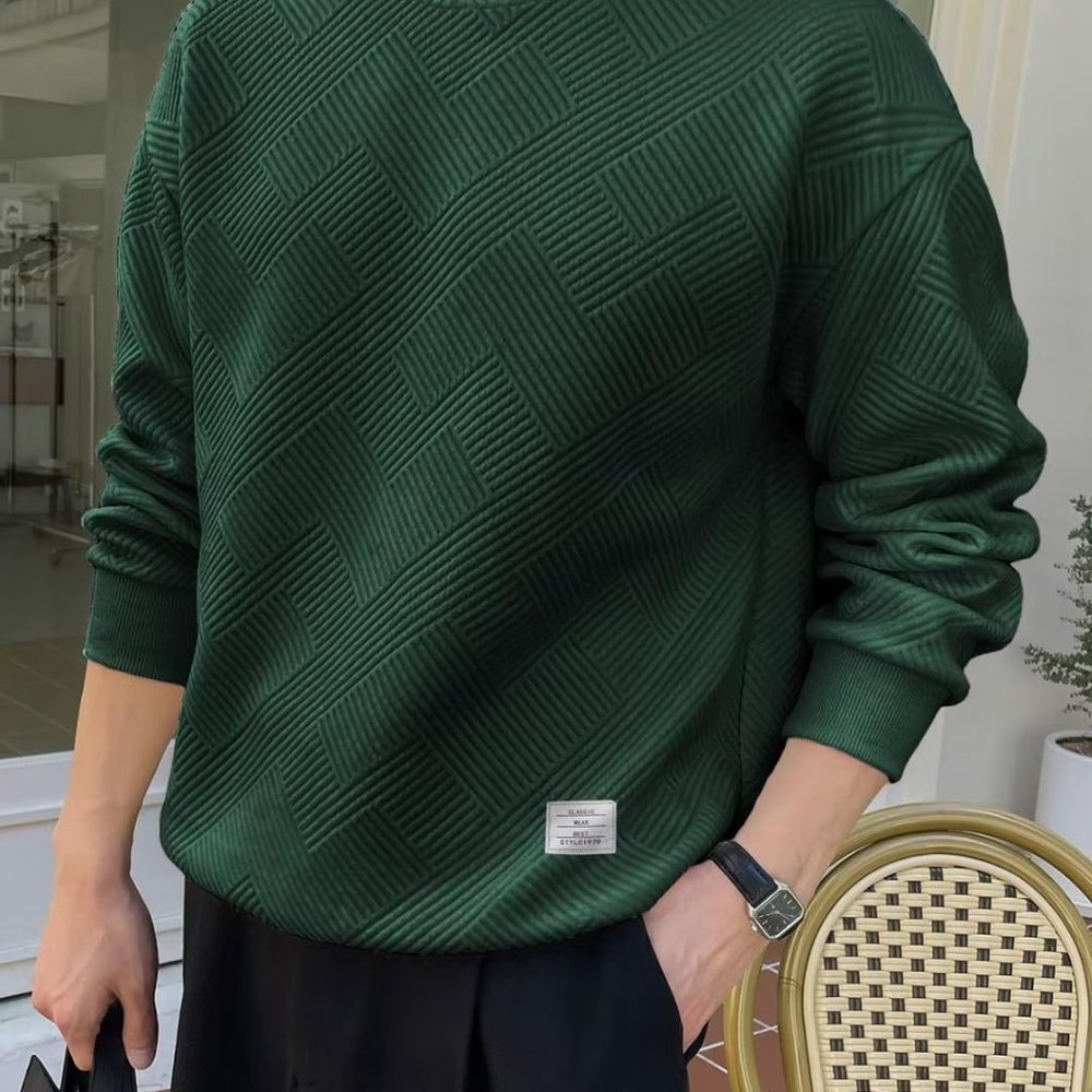 Men Men's Crewneck Sweat Soild Color Geometric Texture Long Sleeve Casual Shirt‎